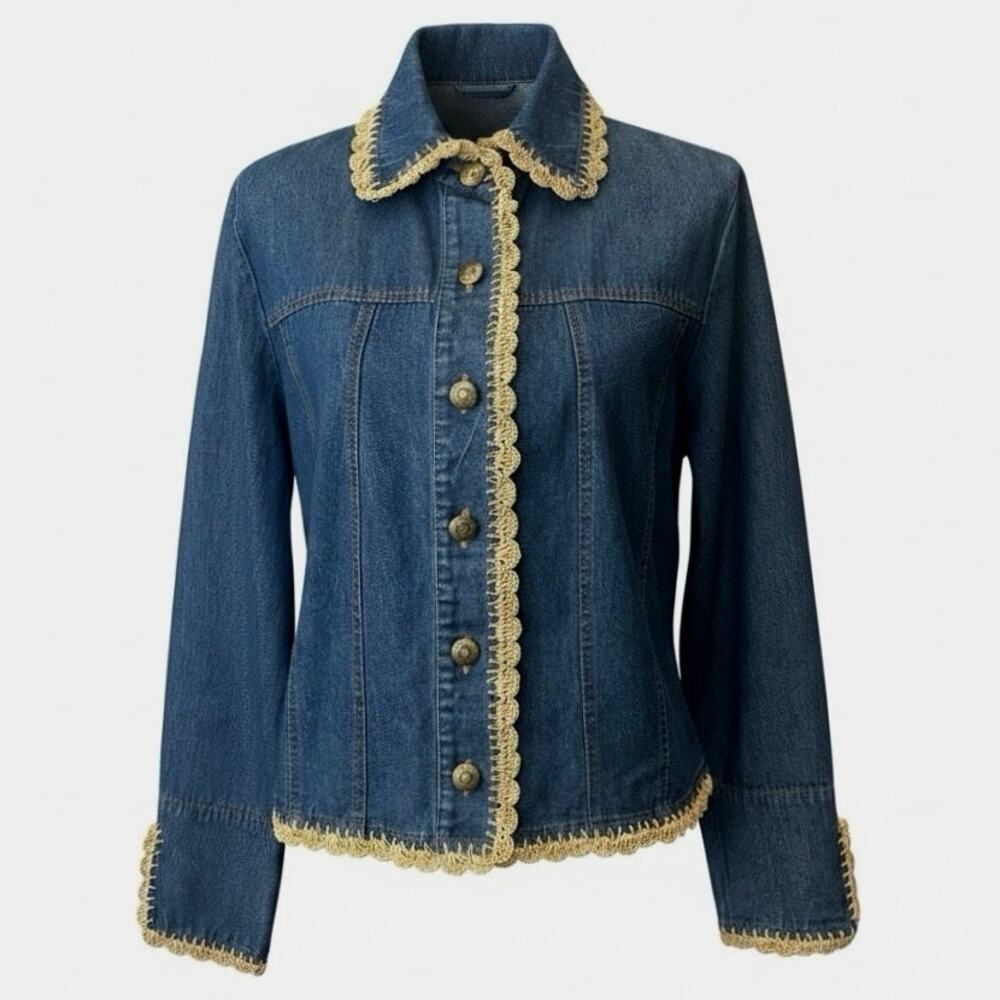 Double D Ranch Scalloped Crochet Trim Jean Jacket Size M Boho Western Cowgirl